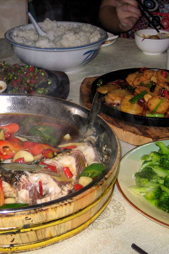 A typical family-style meal in China shared with the whole table