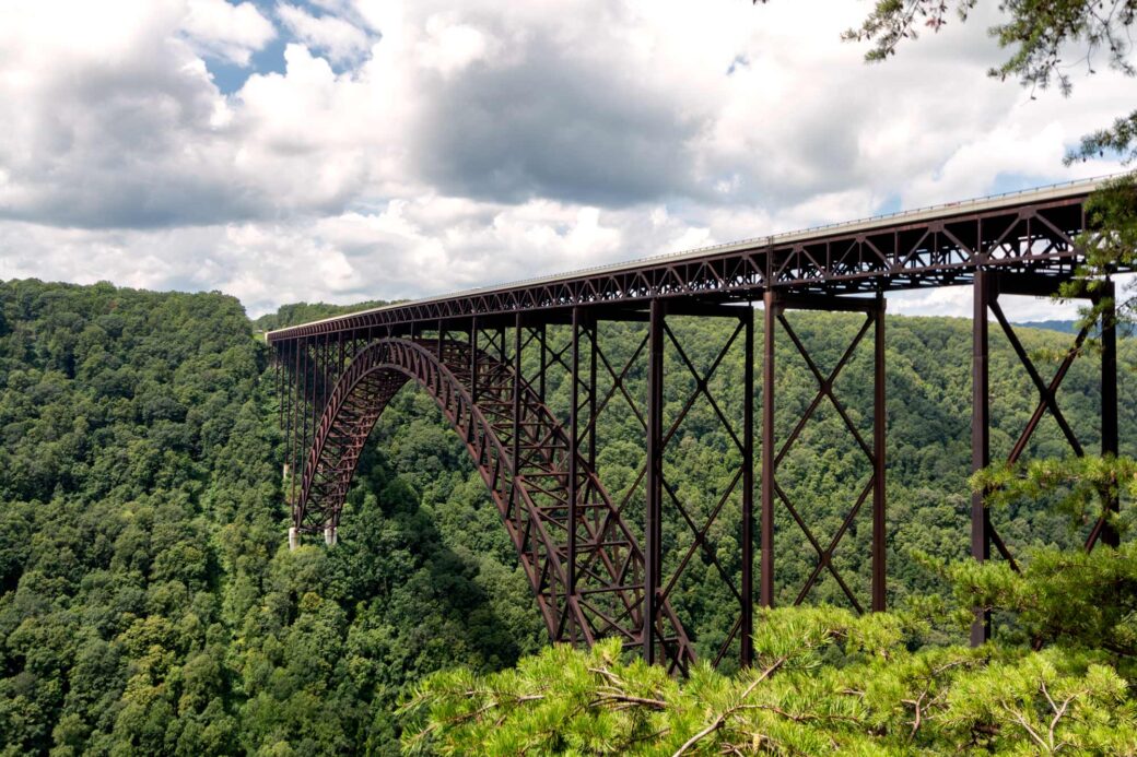 A view of New River Gorge Bridge from Canyon Rim Overlook Boardwalk at New River Gorge in West Virginia