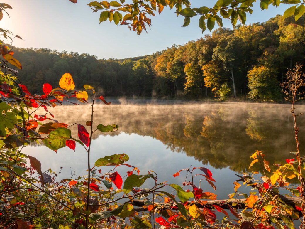 Ogle Lake with autumn leaves at Brown County State Park in Indiana