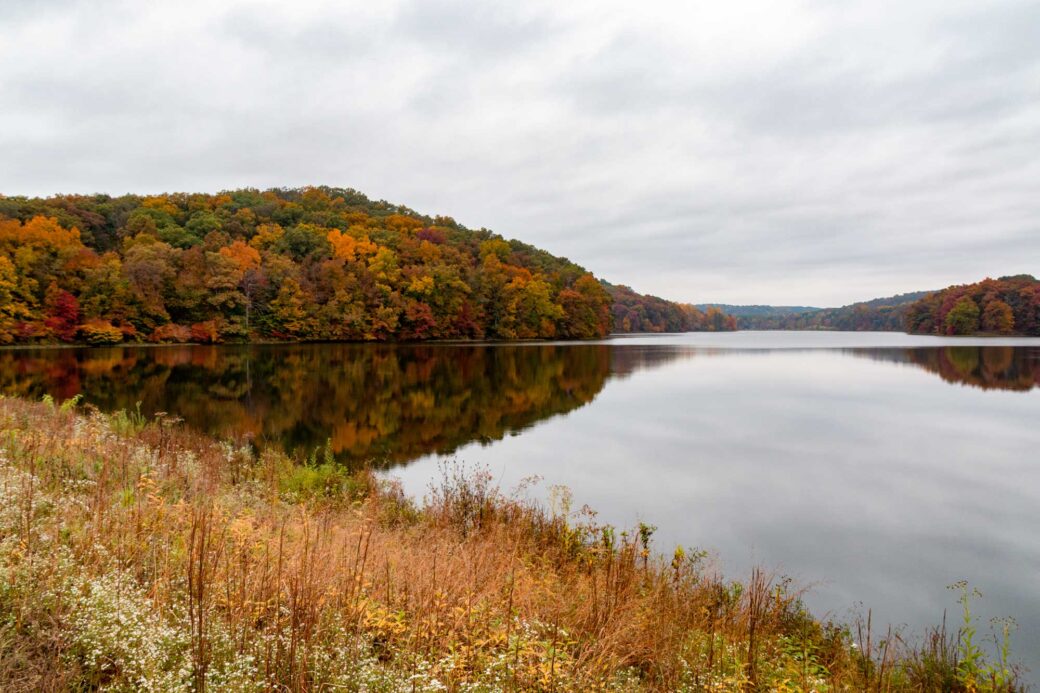 An autumn view of Yellowood Lake in Yellowwood State Forest in Indiana