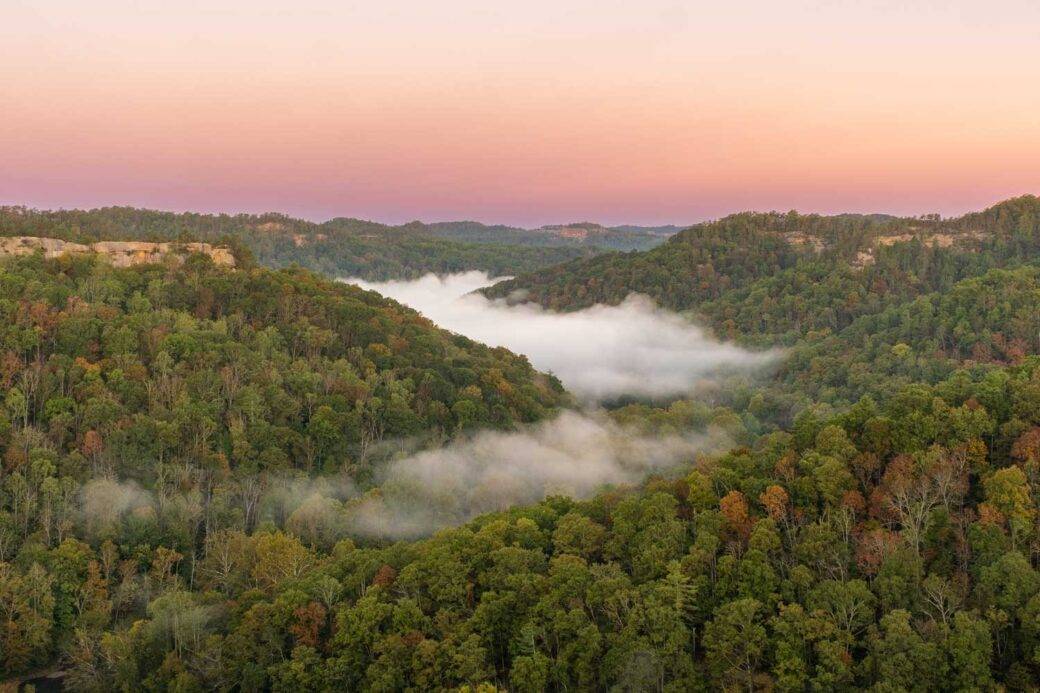 Sunrise from Chimney Top trail in Red River Gorge in Kentucky